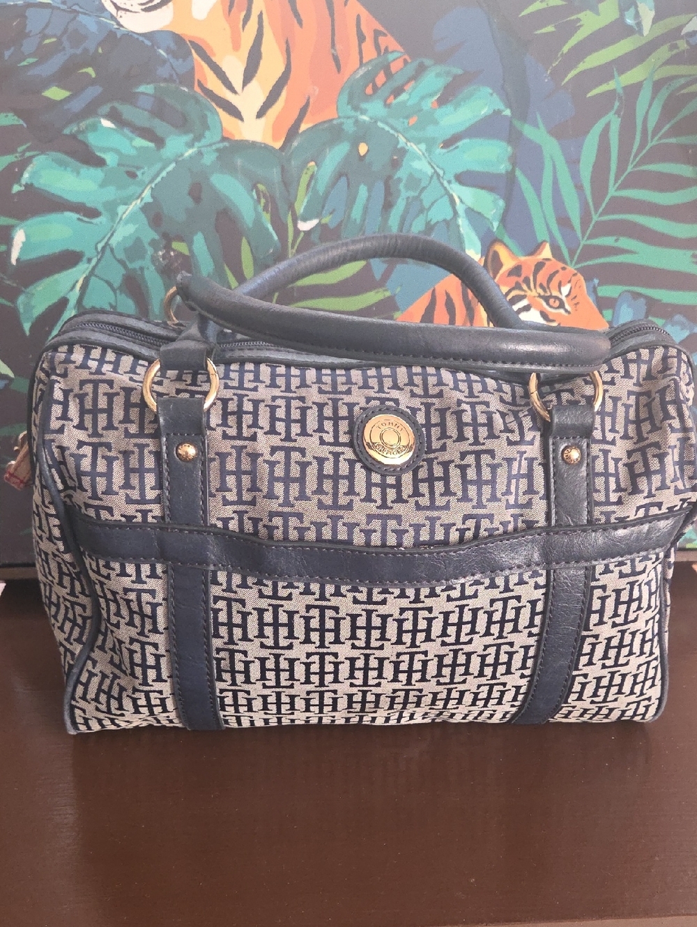 Tommy Hilfiger Navy and Cream Monogram Satchel